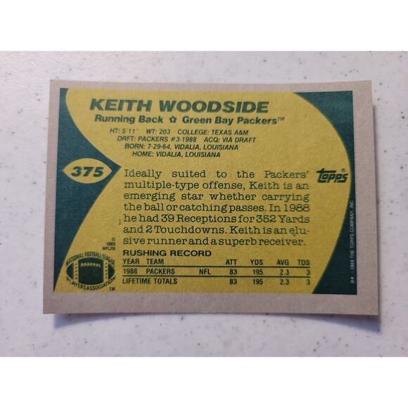 Keith Woodside 1989 Topps #375 - Rookie - Green Bay Packers - NFL - Fresh pull - Picture 2 of 2